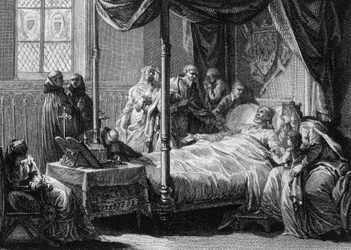 Mort de Dagobert Ier (602/605-638), roi des Francs, en présence de son épouse, la reine Nantilde (vers 610-642) et de son fils, le futur Clovis II (vers 635-657). Gravure de Jean Michel Moreau, dit Moreau le Jeune (1741-1814).