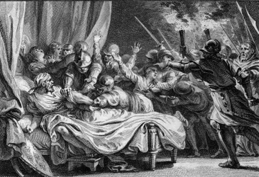 Fin de la dynastie carolingienne, 988 : arrestation de Charles (953-991), duc de Lorraine inférieure, par Hugues Capet (941-996) et son armée. Gravure de Jean Michel Moreau, dit Moreau le Jeune (1741-1814)