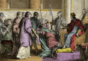 Érispoé (mort en 857), roi de Bretagne (Herispogius - Hervspogius - Respogius) reçoit les ornements du royaume des mains de Charles II le Chauve (823-877), 851. Gravure par Jean Michel Moreau, dit Moreau le Jeune (1741-1814)