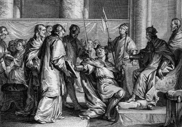 Erispoe (mort en 857), roi de Bretagne, reçoit les ornements du royaume des mains de Charles II le Chauve (823-877), 851. Gravure de Jean Michel Moreau, dit Moreau le Jeune (1741-1814)