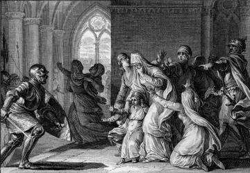 Louis Ier le Pieux (le Débonnaire) chasse ses sœurs et neveux du palais, 814. Ils sont accusés de comploter contre lui. Gravure de Jean Michel Moreau, dit Moreau le Jeune (1741-1814)