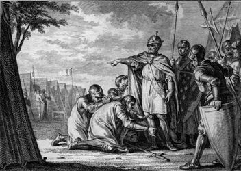 Louis Ier le Pieux ou le Débonnaire (778-840) pardonne à son fils Lothaire (795-855) qui se prosterne à ses pieds. 834. Gravure de Jean Michel Moreau, dit Moreau le Jeune (1741-1814)