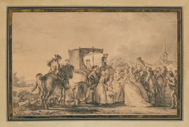Marie-Antoinette, sortant de son carrosse et entourée de son cortège, réconfortant un paysan