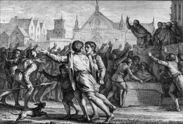 Le pape Urbain II (1042-1099) haranguant la foule au concile de Clermont pour encourager la population à participer à la Première Croisade et à recevoir la croix rouge, symbole des gravures
