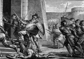 Robert le Fort mort (vers 815-866), duc de France, lors de la bataille de Brissarthe, en 866, opposant les Francs à une armée combinant Bretons et Vikings. Gravure de Jean Michel Moreau, dit Moreau le Jeune (1741-1814)