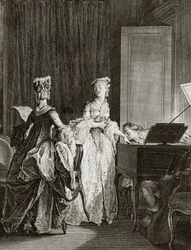 Saint Preux et Claire au clavecin dans «Julie ou la nouvelle Héloïse» par le philosophe suisse Jean-Jacques Rousseau (1712-1778) - gravure par Moreau le jeune, Jean Michel (1741-1814)