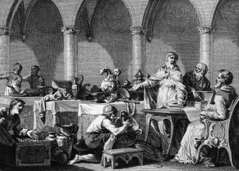 Partage des trésors de Dagobert Ier (602/605-638), roi des Francs, après sa mort, sous le contrôle des deux maires du palais Pépin de Landen et Aega. Gravure de Jean Michel Moreau, dit Moreau le Jeune (1741-1814)