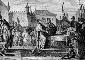 Succession de Pépin le Bref, 768 : une assemblée décide de diviser le royaume entre ses deux fils, Charlemagne (747-814) et Carloman (ca. 751-771), rompant ainsi les arrangements faits par Pépin le Bref. Gravure de Jean Michel Moreau, dit Moreau le Jeune