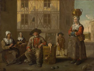 Un marchand de volaille et une vieille femme se réchauffant les mains, vers 1652