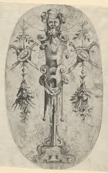 Figure terminale masculine, tête avec barbe et turban sur un piédestal à trois quarts de courroie, vers 1543-45