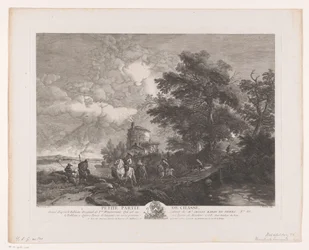 Groupe de chasse dans un paysage avec un pont