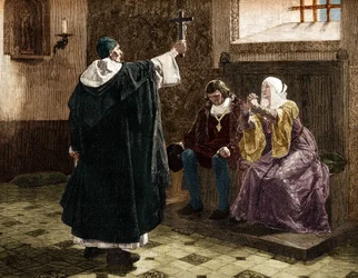 Le grand inquisiteur espagnol, Fray Tomás de Torquemada (1420-1498), parmi les Rois catholiques Ferdinand II et Isabelle Ire de Castille