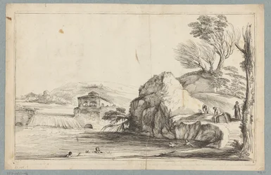 Paysage avec nageurs près d