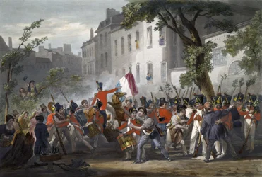La 5e ligne fraternise avec la population, boulevard des Italiens, le 29 juillet