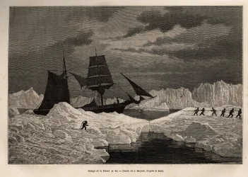 Le halage du navire allemand La Hansa par son équipage pour traverser une barrière de glace vers des eaux navigables. Gravure pour illustrer le voyage des navires La Germania et La Hansa au Pôle Nord en 1869-1870, par le capitaine Hegemann, publiée dans "L