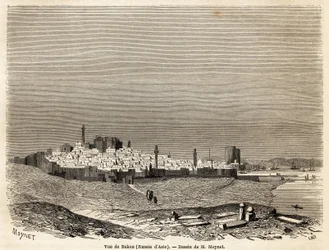 Vue de Bakou (Russie, Azerbaïdjan), dessin de M. Moynet, pour illustrer le voyage sur la côte de la mer Caspienne, en octobre 1858, par M. Moynet. Gravure dans « Le tour du monde, nouveau journal des voyages » Paris
