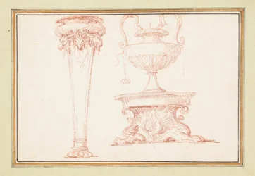 Dessin relié, Un vase et une lampe sur un support, dans Dessins d