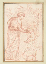 Femme en robe avec deux enfants et une chèvre