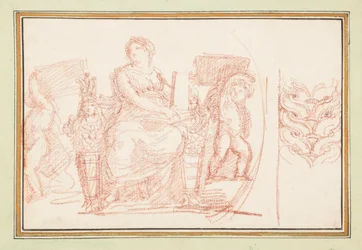 Figure féminine assise avec des livres et des putti