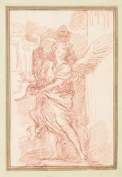 Figure ailée entre fenêtre et colonne