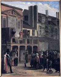 La Parade de Bobèche et Galimafre, peinture par Jean Roller, représentant une foule regardant un spectacle de rue. Peinture à l