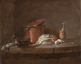 Ustensiles de Cuisine avec Poireaux, Poissons et Œufs