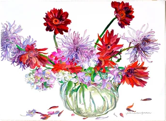 Marguerites Gerbera, étoile de Bethléem, chrysanthèmes araignée, pichet Heisey, 2000 (aquarelle et encre sur papier)