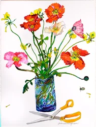 Coquelicots, vase bleu et ciseaux (aquarelle et encre sur papier)
