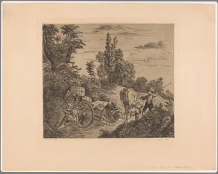 Paysage avec une charrette embourbée tirée par un groupe d