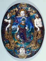 Plateau en émail peint représentant Minerve sur fond de paysage créé par Jean Court dit Vigier (16e siècle) (peintre émailleur à Limoges) Paris, Musée du Louvre