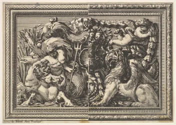 Conception pour un panneau avec deux variantes contenant un hippocampe et un griffon, de: Ornements..., 1651