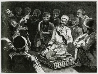 Conteur persan entouré de son auditoire. Gravure par l