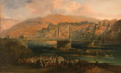 Vue de la ville de Fraga et de son pont suspendu