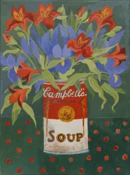 Iris et alstromeiria dans une boîte de soupe Campbell (acrylique)