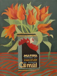 Tulipes rouges dans une vieille boîte à café (acrylique)