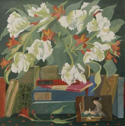Tulipes, livres et cartes postales (acrylique)