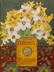 Narcissies blanches et jaunes dans la boîte de moutarde de Colman (acrylique)