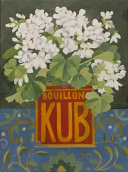 Géraniums blancs dans une vieille boîte à cube (acrylique)