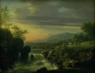 Paysage montagneux avec une cascade. Lever de soleil