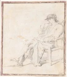 Un jeune homme en chapeau et robe de chambre. Figure entière assise, tournée vers la gauche