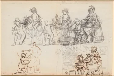 Différents croquis pour une scène de la pièce de théâtre de P.A. Heiberg "Chinafarene"