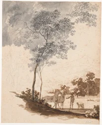 Paysage suisse avec un écuyer tenant deux chevaux et un couple de chiens; étude pour le portrait de Jean-Armand Tronchin