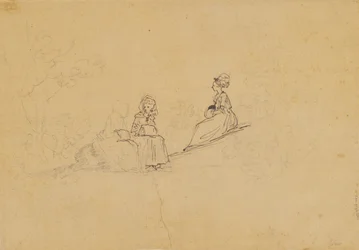 Trois dames avec des manchons sur une pente en plein air, derrière elles est esquissée une quatrième figure avec un enfant dans les bras