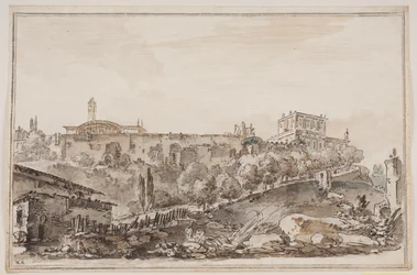 Vue de la ville avec palais et église entourés de murs