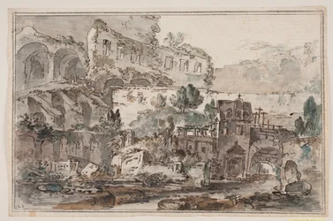 Vue avec ruines et maisons près d