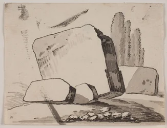 Fragments de ruines et cyprès