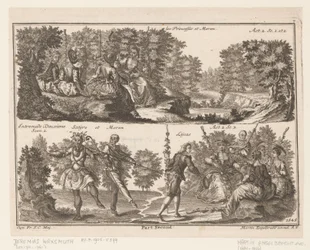 Deux scènes de théâtre avec des personnages dans un paysage boisé (Les Princesses et Moron)