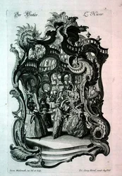 Hiver, partition musicale rococo représentant un bal masqué