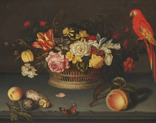 Nature morte avec panier de fleurs et perroquet