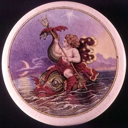 Couvercle de pot en Pratt ware peint avec une nymphe marine par Jesse Austin, vers 1850